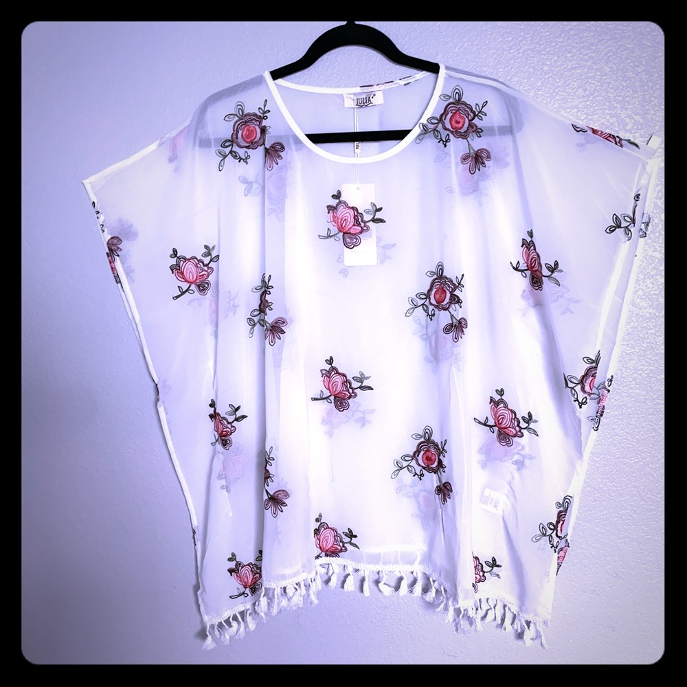 NWT Julia Top Tunic Women’s Floral Embroidered Sheer With Tassels One Size